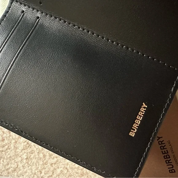 BURBERRY Grained Calfskin TB Compact Tri-Fold Wallet Black